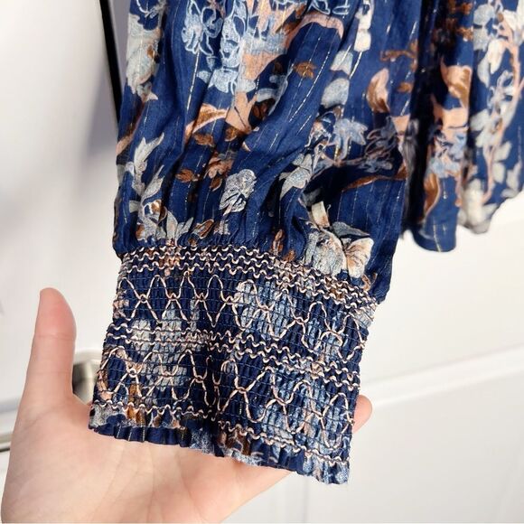 By Anthropologie Long-Sleeve Smocked Lurex Top Size S Blue Floral Print boho - Picture 9 of 13